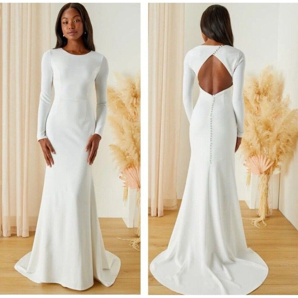 Lulus Eloquent Endearment White Long Sleeve Backless Maxi Wedding Dress Large